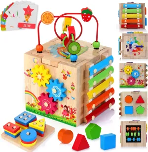 Wooden Kids Baby Activity Cube, 8-in-1 Toys Gift Set for 18M  Boys & Girls, Multifunctional Activity Cube, Montessori Learning Toys for Toddlers Age 1-3,1st Birthday Gift