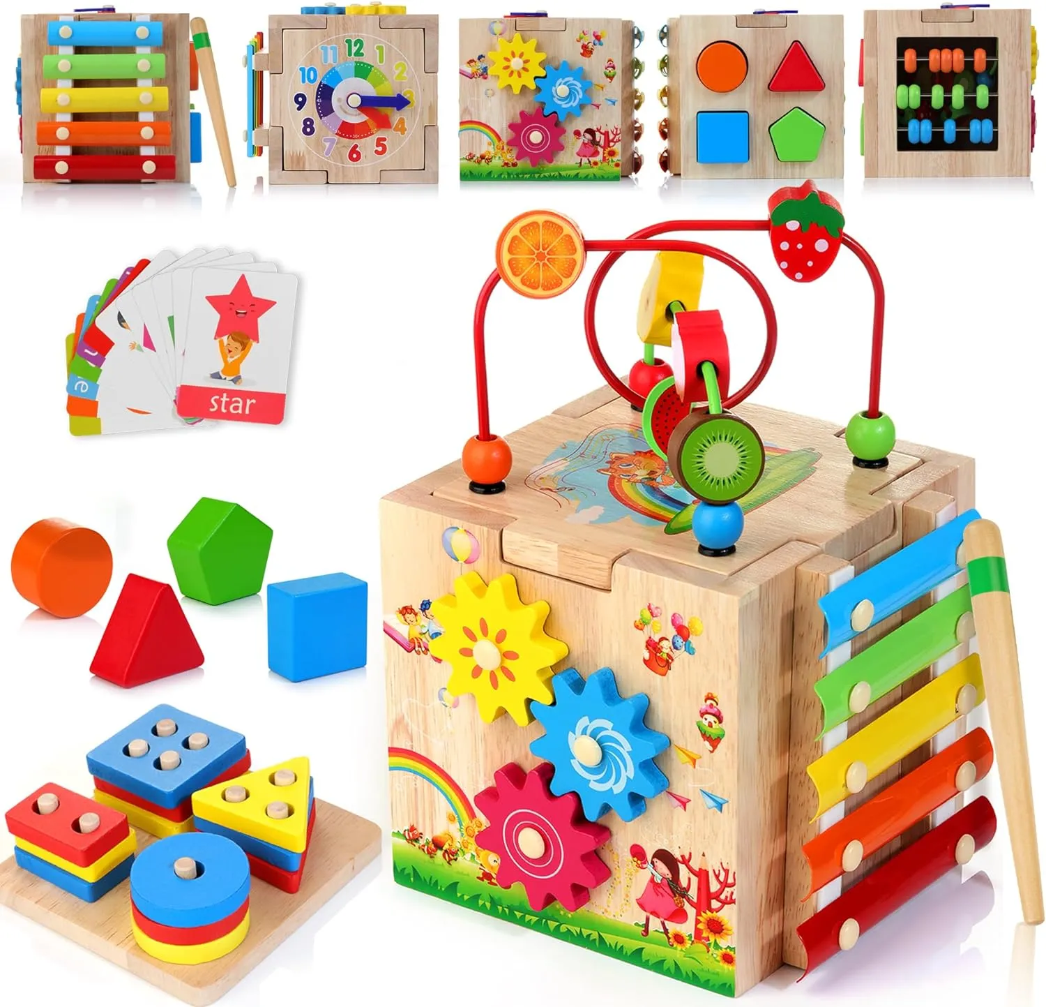 Wooden Kids Baby Activity Cube, 8-in-1 Toys Gift Set for 18M  Boys & Girls, Multifunctional Activity Cube, Montessori Learning Toys for Toddlers Age 1-3,1st Birthday Gift