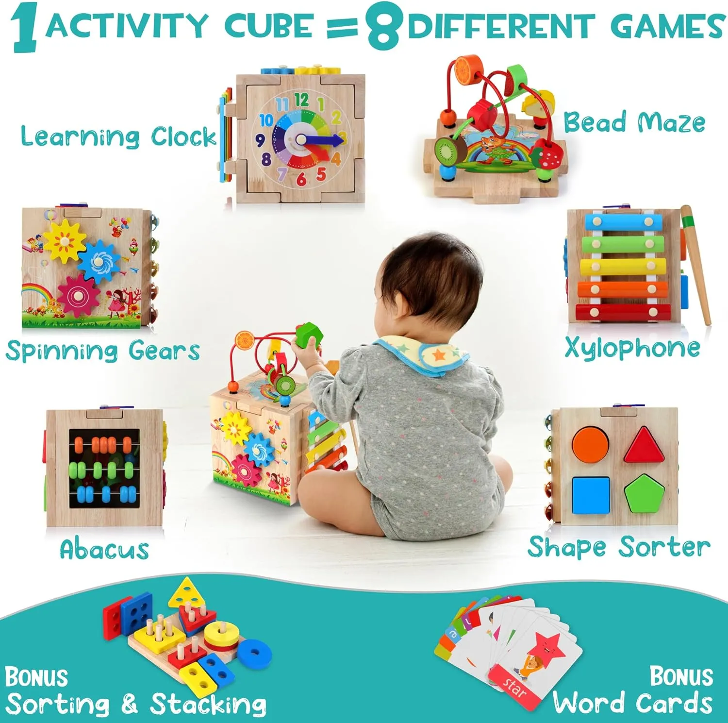 Wooden Kids Baby Activity Cube, 8-in-1 Toys Gift Set for 18M  Boys & Girls, Multifunctional Activity Cube, Montessori Learning Toys for Toddlers Age 1-3,1st Birthday Gift