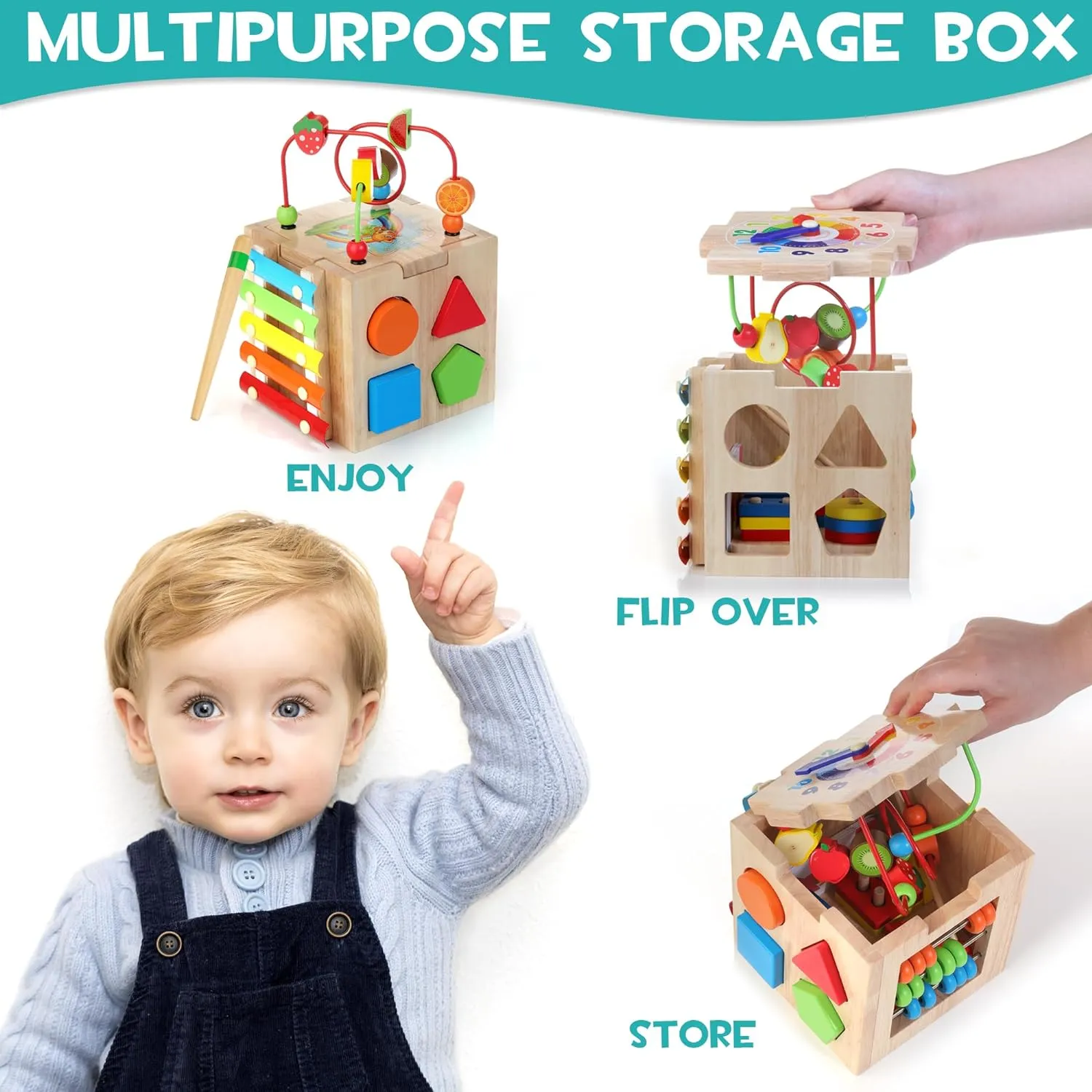 Wooden Kids Baby Activity Cube, 8-in-1 Toys Gift Set for 18M  Boys & Girls, Multifunctional Activity Cube, Montessori Learning Toys for Toddlers Age 1-3,1st Birthday Gift