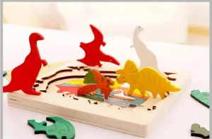 Wooden multi-dimensional storyteller puzzle jigsaw cube 3 layers Story Cartoon Dinosaur Animal Early Educational Montessori Toys