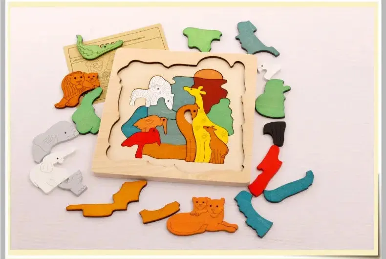 Wooden multi-dimensional storyteller puzzle jigsaw cube 3 layers Story Cartoon Dinosaur Animal Early Educational Montessori Toys
