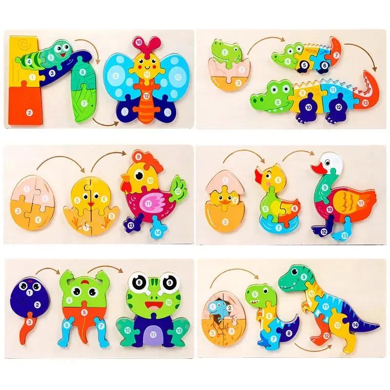 Wooden multi-dimensional storyteller puzzle jigsaw cube 3 layers Story Cartoon Dinosaur Animal Early Educational Montessori Toys