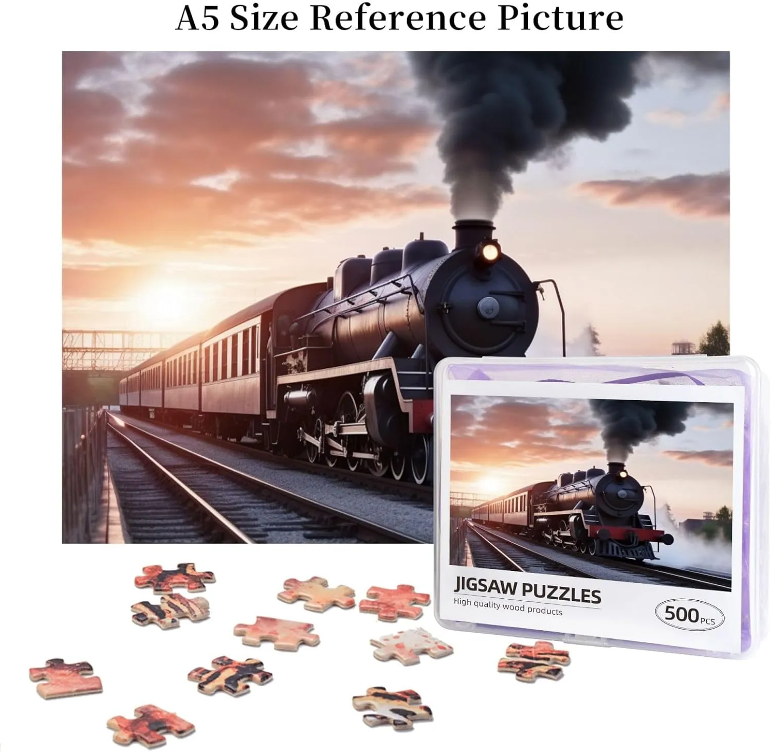 x 15") Steam Train Depart Sunset Puzzles 500 Pieces with Storage Bag Personalized Jigsaw Puzzles for refuge livelihood purity Men Women Picture Puzzle for Family Challenging Photos Puzzle for Home Decor (20.4" 