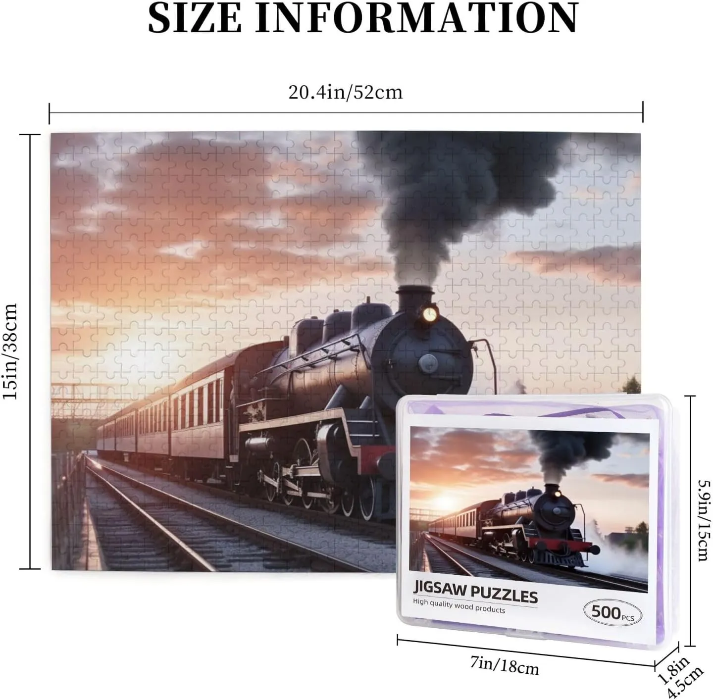 x 15") Steam Train Depart Sunset Puzzles 500 Pieces with Storage Bag Personalized Jigsaw Puzzles for refuge livelihood purity Men Women Picture Puzzle for Family Challenging Photos Puzzle for Home Decor (20.4" 